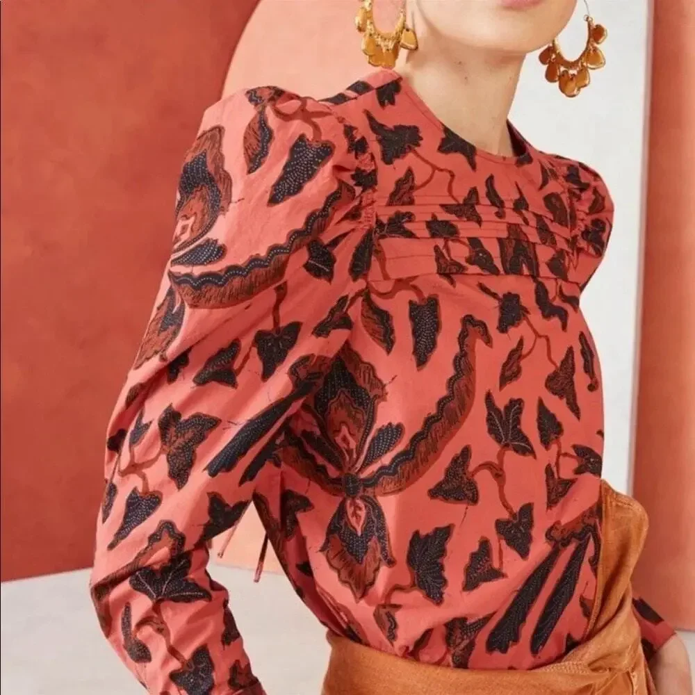 Ulla Johnson Coral Pink Floral Puff-Sleeve Blouse